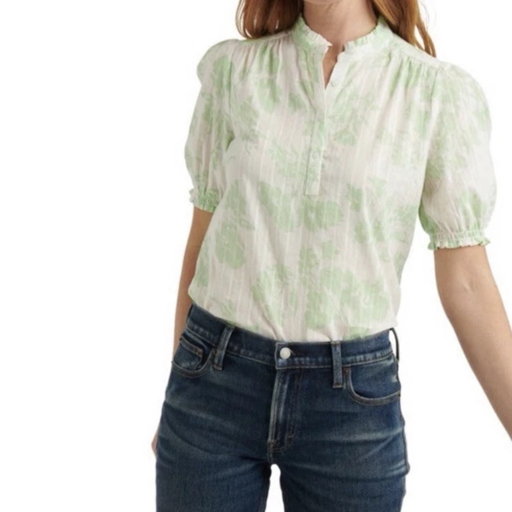 Lucky Brand Puff Sleeve Popover Blouse green multi-floral 100% cotton NWT size M - Picture 2 of 9